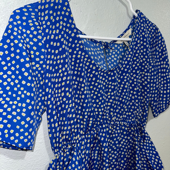 Women's BCBGeneration Blue Yellow Polka Dot Peplum Blouse XS Pockets Zip Up - Picture 4 of 13